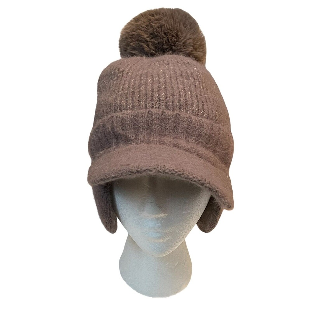 Tourance Chiara Beanie Hat Ear Flaps Bill Taupe Gold Thread Pom Oprah's Favorite